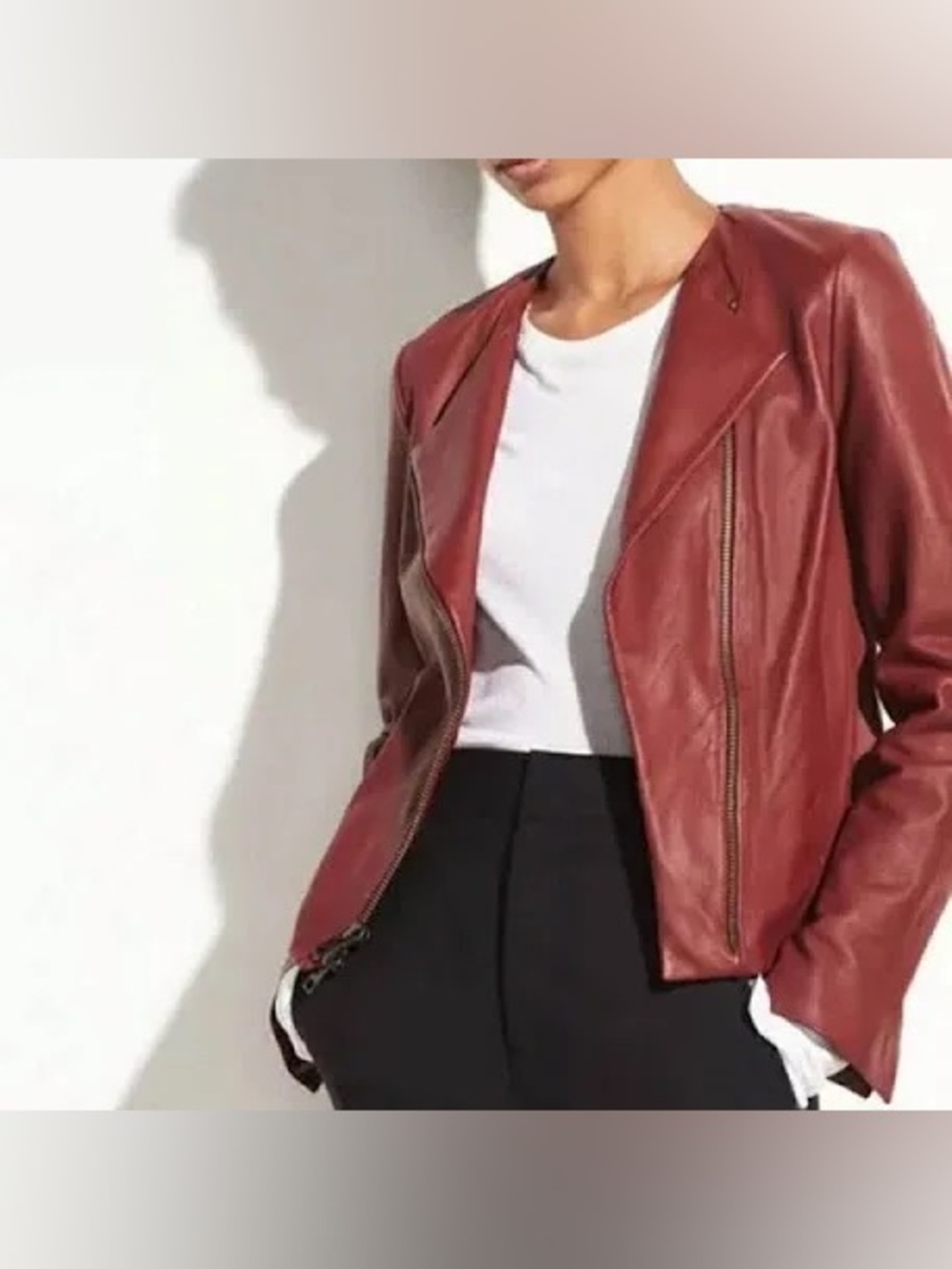 Vince Women’s Burgundy Leather Asymmetrical Zip Moto Jacket Size M